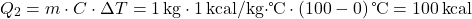 \[ Q_2 = m \cdot C \cdot \Delta T = 1 \, \text{kg} \cdot 1 \, \text{kcal/kg·℃} \cdot (100 - 0) \, \text{℃} = 100 \, \text{kcal} \]