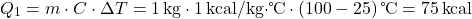 \[ Q_1 = m \cdot C \cdot \Delta T = 1 \, \text{kg} \cdot 1 \, \text{kcal/kg·℃} \cdot (100 - 25) \, \text{℃} = 75 \, \text{kcal} \]