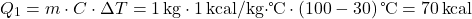 \[ Q_1 = m \cdot C \cdot \Delta T = 1 \, \text{kg} \cdot 1 \, \text{kcal/kg·℃} \cdot (100 - 30) \, \text{℃} = 70 \, \text{kcal} \]