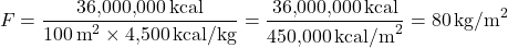 \[ F = \frac{36{,}000{,}000 \, \text{kcal}}{100 \, \text{m}^2 \times 4{,}500 \, \text{kcal/kg}} = \frac{36{,}000{,}000 \, \text{kcal}}{450{,}000 \, \text{kcal/m}^2} = 80 \, \text{kg/m}^2 \]