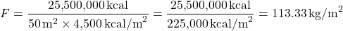 \[ F = \frac{ 25{,}500{,}000 \, \text{kcal} }{ 50 \, \text{m}^2 \times 4{,}500 \, \text{kcal/m}^2 } = \frac{ 25{,}500{,}000 \, \text{kcal} }{ 225{,}000 \, \text{kcal/m}^2 } = 113.33 \, \text{kg/m}^2 \]