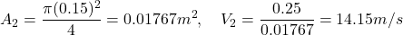 \[ A_2 = \frac{\pi (0.15)^2}{4} = 0.01767 m^2, \quad V_2 = \frac{0.25}{0.01767} = 14.15 m/s \]