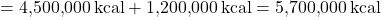 \[ \text{총 발열량} = 4{,}500{,}000 \, \text{kcal} + 1{,}200{,}000 \, \text{kcal} = 5{,}700{,}000 \, \text{kcal} \]