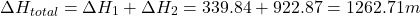 \[ \Delta H_{total} = \Delta H_1 + \Delta H_2 = 339.84 + 922.87 = 1262.71 m \]