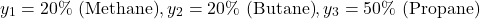 \[ y_1 = 20\% \text{ (Methane)}, y_2 = 20\% \text{ (Butane)}, y_3 = 50\% \text{ (Propane)} \]