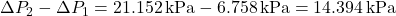 \Delta P_2 - \Delta P_1 = 21.152 \, \text{kPa} - 6.758 \, \text{kPa} = 14.394 \, \text{kPa}