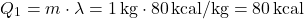 \[ Q_1 = m \cdot \lambda = 1 \, \text{kg} \cdot 80 \, \text{kcal/kg} = 80 \, \text{kcal} \]